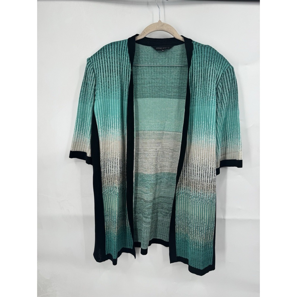 Ming Wang Open‎ Front Cardigan Women XL Blue Padded Shoulder Mature Modern